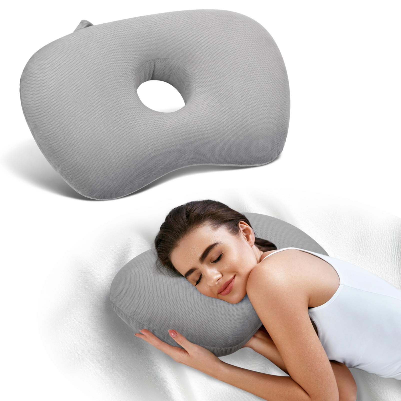 Pozico Gray Ear Piercing Pillow With An Ear Hole For Ear Pain And Side Sleepers (Gray)
