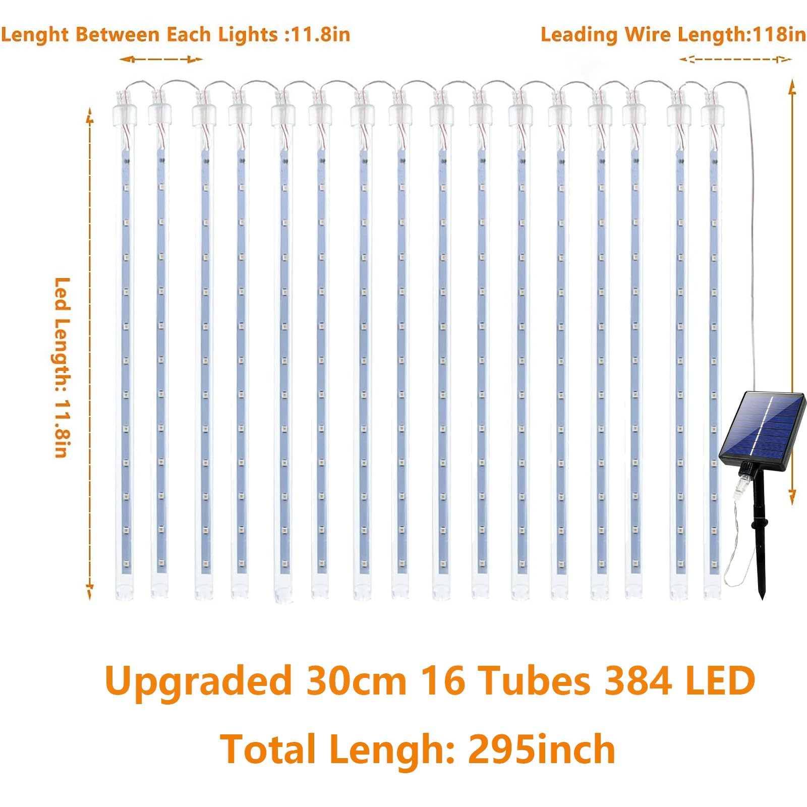 Solar Meteor Shower Lights Outdoor Waterproof, Christmas Decorations Lights Solar Powered, 16 Tubes 384LED Rain Drop Lights, Snow Cascading String Lights for Xmas Tree Party Garden Decor (Warm White)