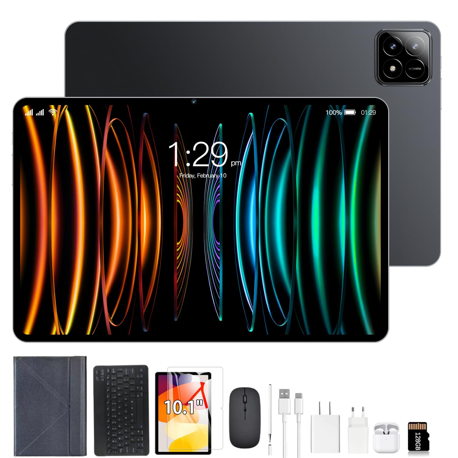 DIVENT-Tablet 3 em 1 com estojo/teclado/mouse/cartão de memória, 10,1 polegadas, Android