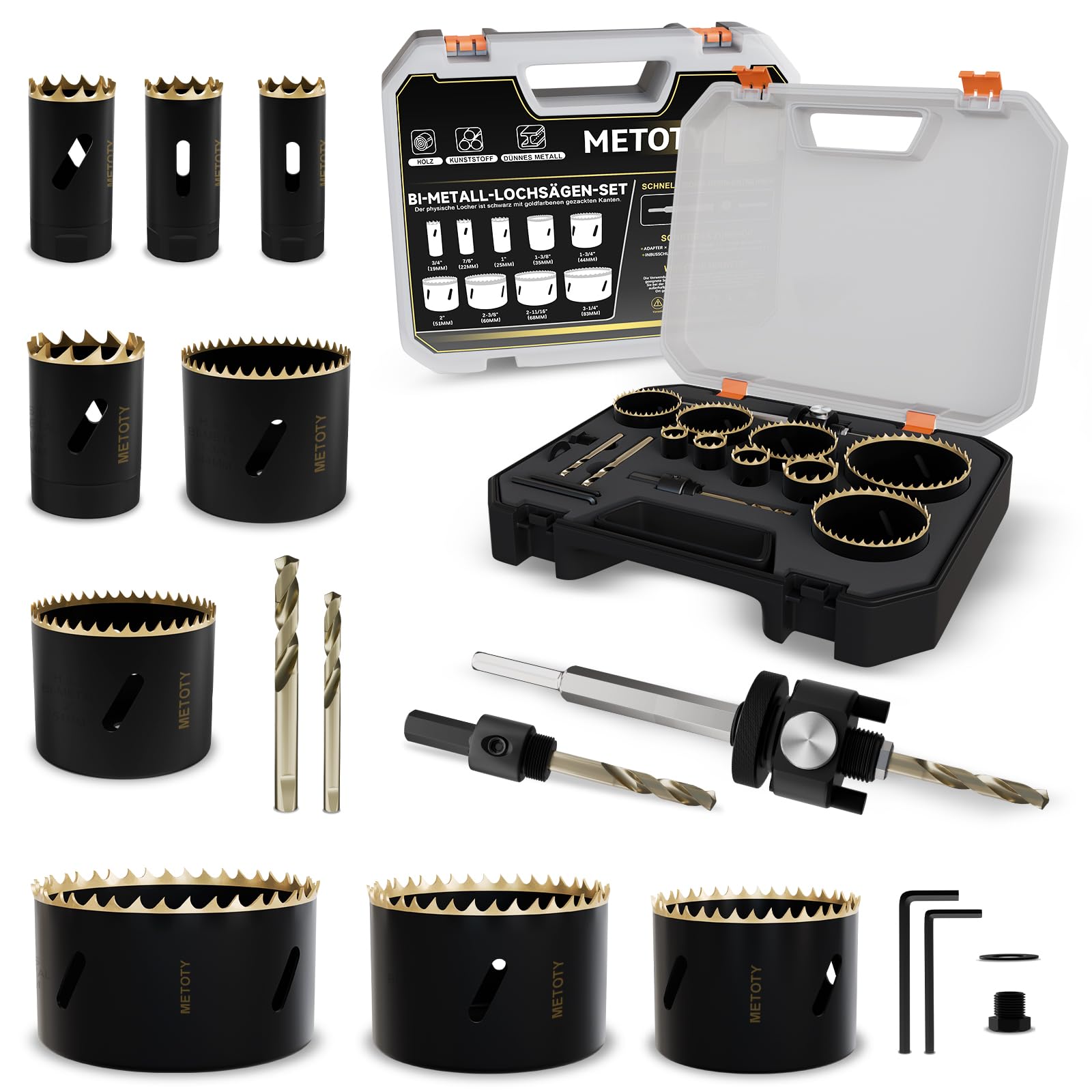 16 piezas (19 a 83 mm) Bi-Metal Sierra de corona Kit, con arbors de cambio rápido, para madera, metal, plástico y PVC, juego completo profesional con carcasa