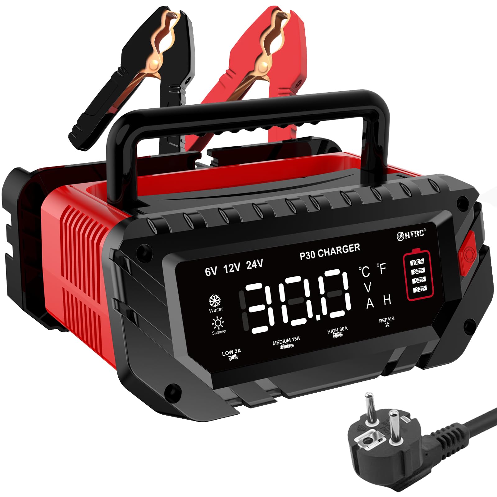 HTRC 6V/12V/24V Autobatterie Ladegerät, 30A Ladegeräte für Autobatterien, Batterieladegerät KFZ für Auto, Motorrad, Rasenmäher, Boot, Lithium, LiFePO4 und Blei-Säure(AGM, Gel, MF, EFB, SLA, VRLA, Wet)