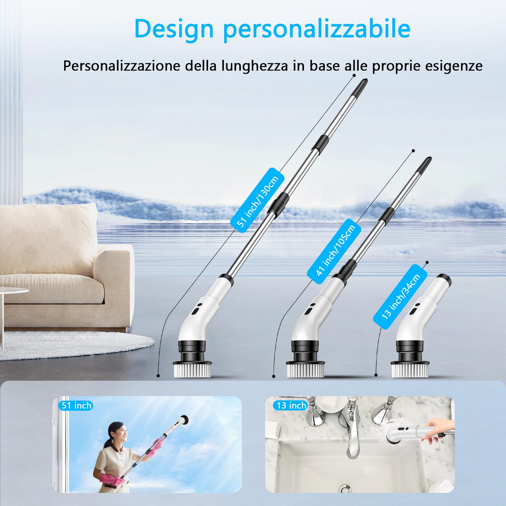Spazzola elettrica per la pulizia, 9 in 1, spazzola elettrica per la pulizia domestica, 2 modalità, Spin Scrubber Electric Cleaning Brush con 34-130 cm, spazzola per il bagno (White)