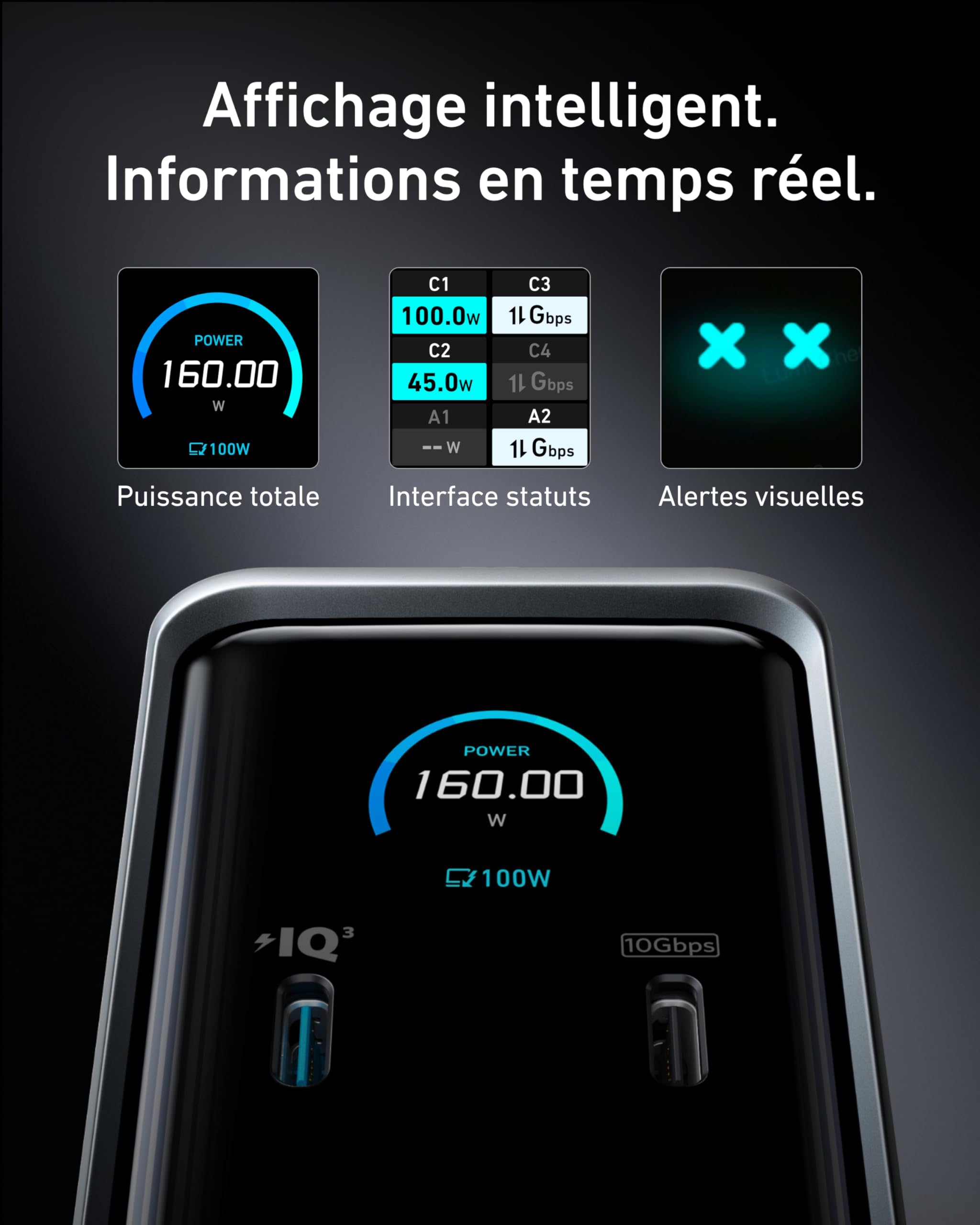 Anker Prime Station d'accueil 160W, 14 Ports, Transfert 10 Gbit/s, Interface Intelligente, Ports Audio/Ethernet, Double 4K pour Dell, MacBook et Plus