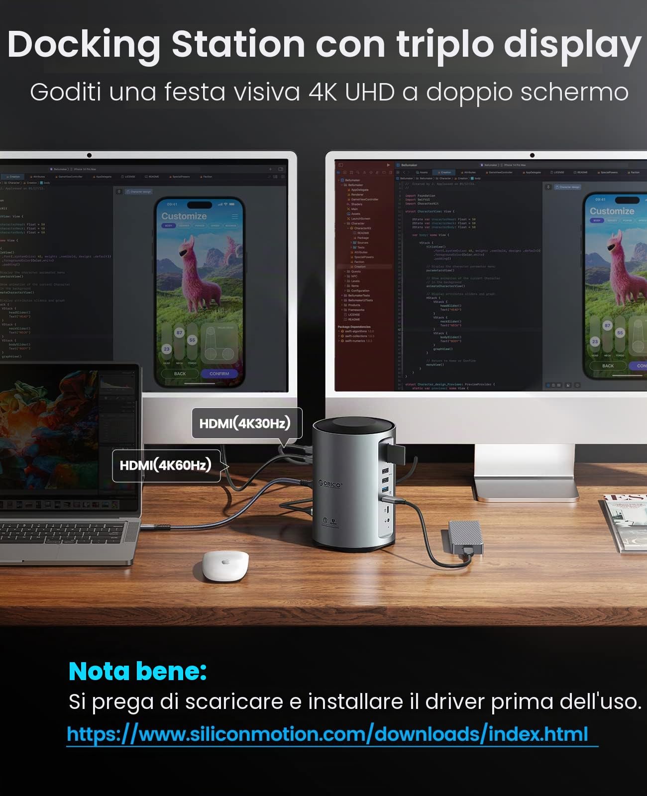ORICO Docking Station USB C, 15 in 1 Hub Tre Monitor Con 100W PD, 2 USB-A 3.0+4 USB-A 2.0+1 USB-C 3.0, 3 HDMI 4K@60Hz, RJ45, 3.5mm, SD/TF per MacBook M1/Lenovo/Thinkpad/Dell/Hp