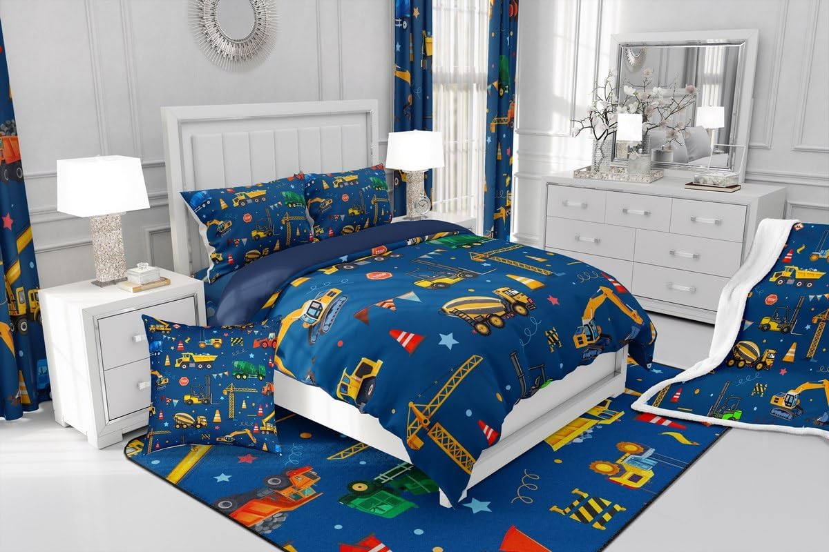 jejeloiu Trucks Excavator Cars Comforter Set Twin Size Construction Vehicles Bedding Set for Kids Boys Girls Cartoon Equipment Trucks Duvet Quilt Blue Yellow Bedroom 2 Pcs with 1 Pillow Cases - Image 8