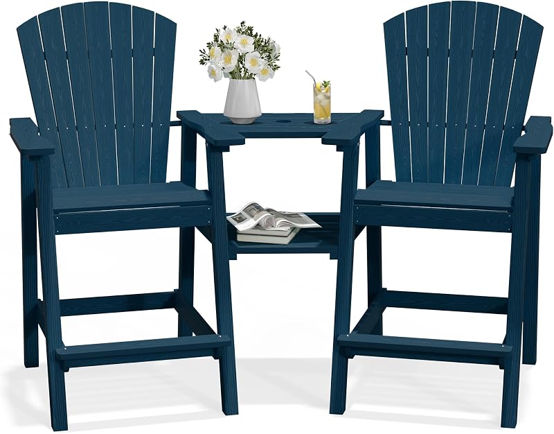 PLUUV Tall Adirondack Chairs Set of 2 with Double Connecting Trays, Navy