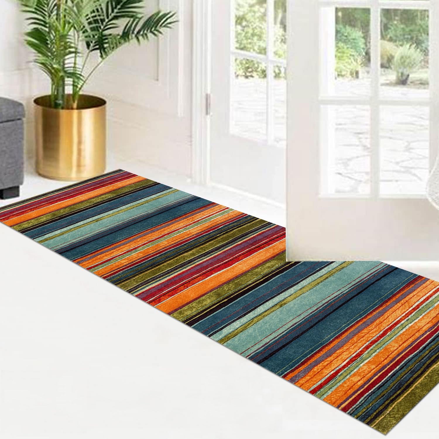 Alfombra de pasillo 90 x 200 cm, color naranja, azul y rojo, antideslizante, lavable, por metros, alfombra de cocina, lavable, para pasillo, salón, cocina, dormitorio, salón, pasillo