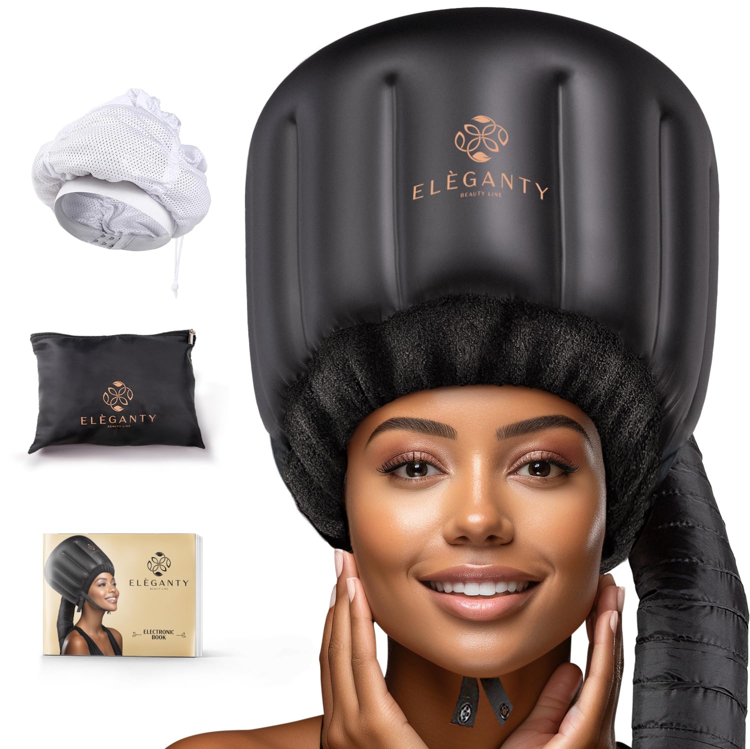 ELEGANTY Soft Bonnet Hood Hairdryer Attachment with Headband that Reduces Heat Around Ears and Neck to Enjoy Long Sessions - Used for Hair Styling, Deep Conditioning and Hair Drying (Black)