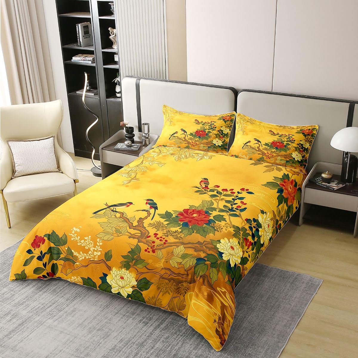 Homewish Coton Housse de Couette 220x240 Enfant Oiseaux Floraux Japonais Parure de Lit Fleurs de Pivoine Vintage Style Ukiyo e Japonais Esthétique Asiatique Orientale Traditionnelle