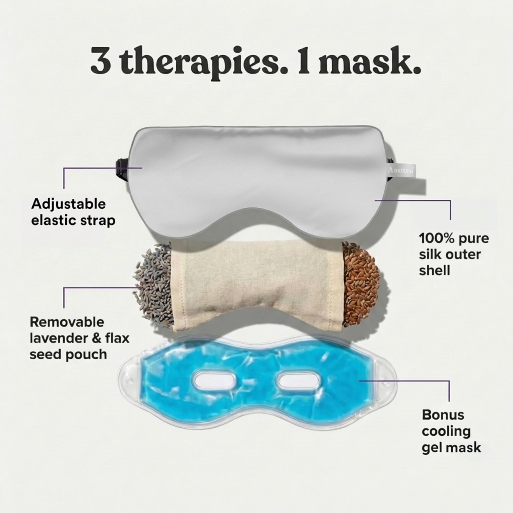ASUTRA Silk Eye Pillow for Sleep, Silver - Filled w/Lavender Buds & Flax Seeds, Weighted Eye Mask, Meditation & Light Blocking Blindfold, Cooling Gel Mask Included