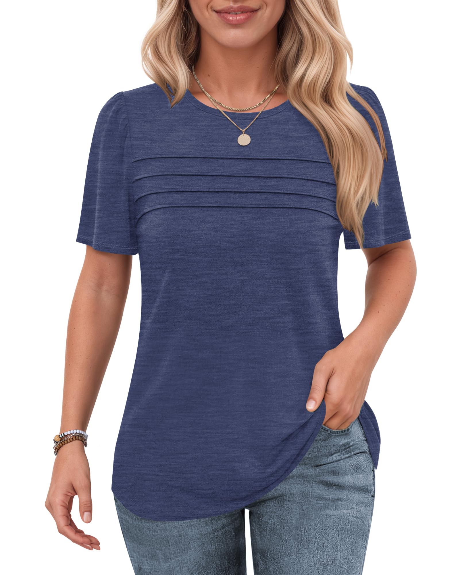 PLMOKEN Womens Summer Tops Short Sleeve Pleated Front Ladies T Shirts Round Neck Blouses Elegant Tunic Tops Casual - 3