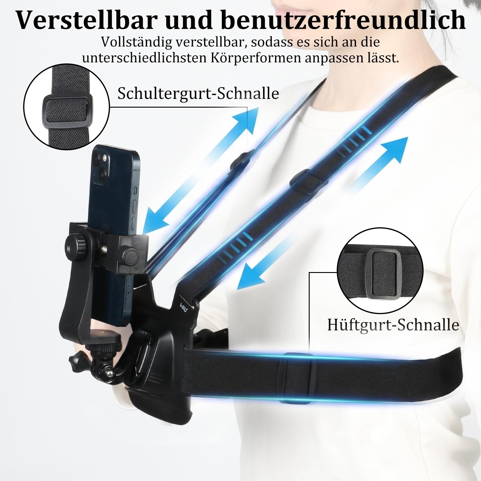 HSU Handy-Brusthalterung Brustgurt Handyhalterung, mit Schnellverschluss J-Hook Clip für Action Kamera und um Smartphone Handyhalterung, Zubehörset für POV/VLOG Videoaufnahmen