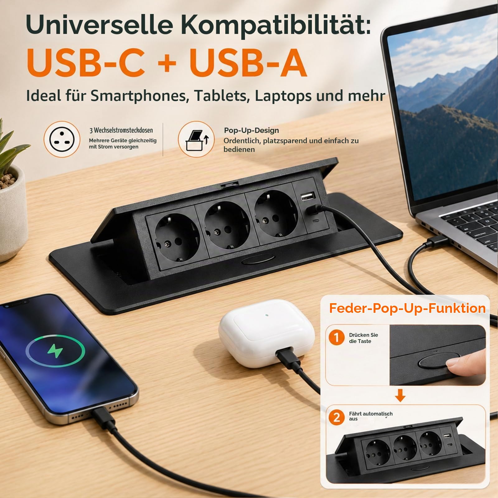 Versenkbare Steckdose, 3680W/16A/230V, 3 Fach Einbausteckdose(Schwarz) | Versenkbare Steckdosenleiste mit 1.5M Kabel und 1M Type-C, USB Schnelllade Pop Up Tischsteckdose Platzsparende für Büro