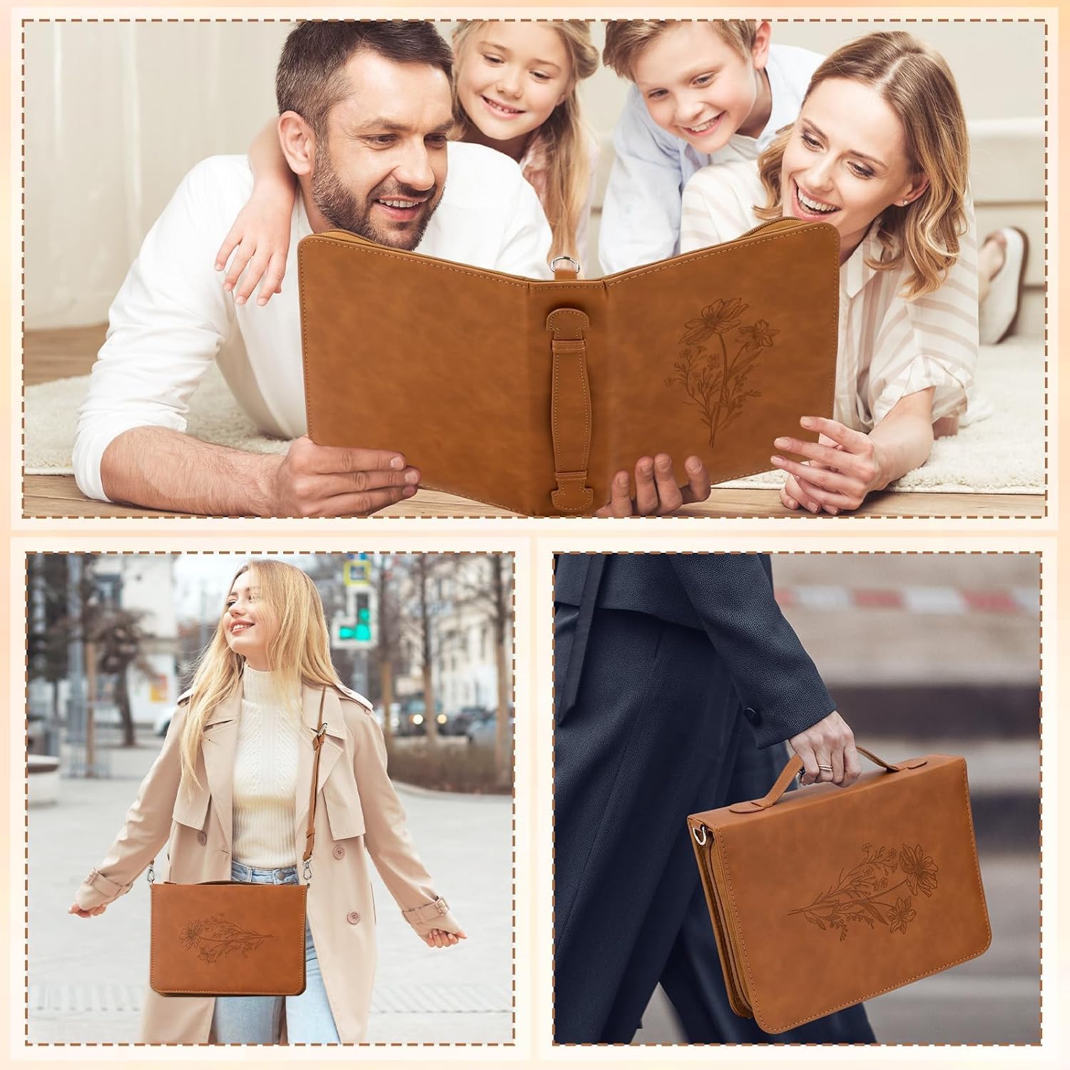 19PCS Floral Brown Leather Bible Cover for Women Bible Cover Cases for Teen Girls Christmas Gift Christian Carrying Bag Journaling Kit with Shoulder Strap Highlighter Pens & Book Marker Study Supplies