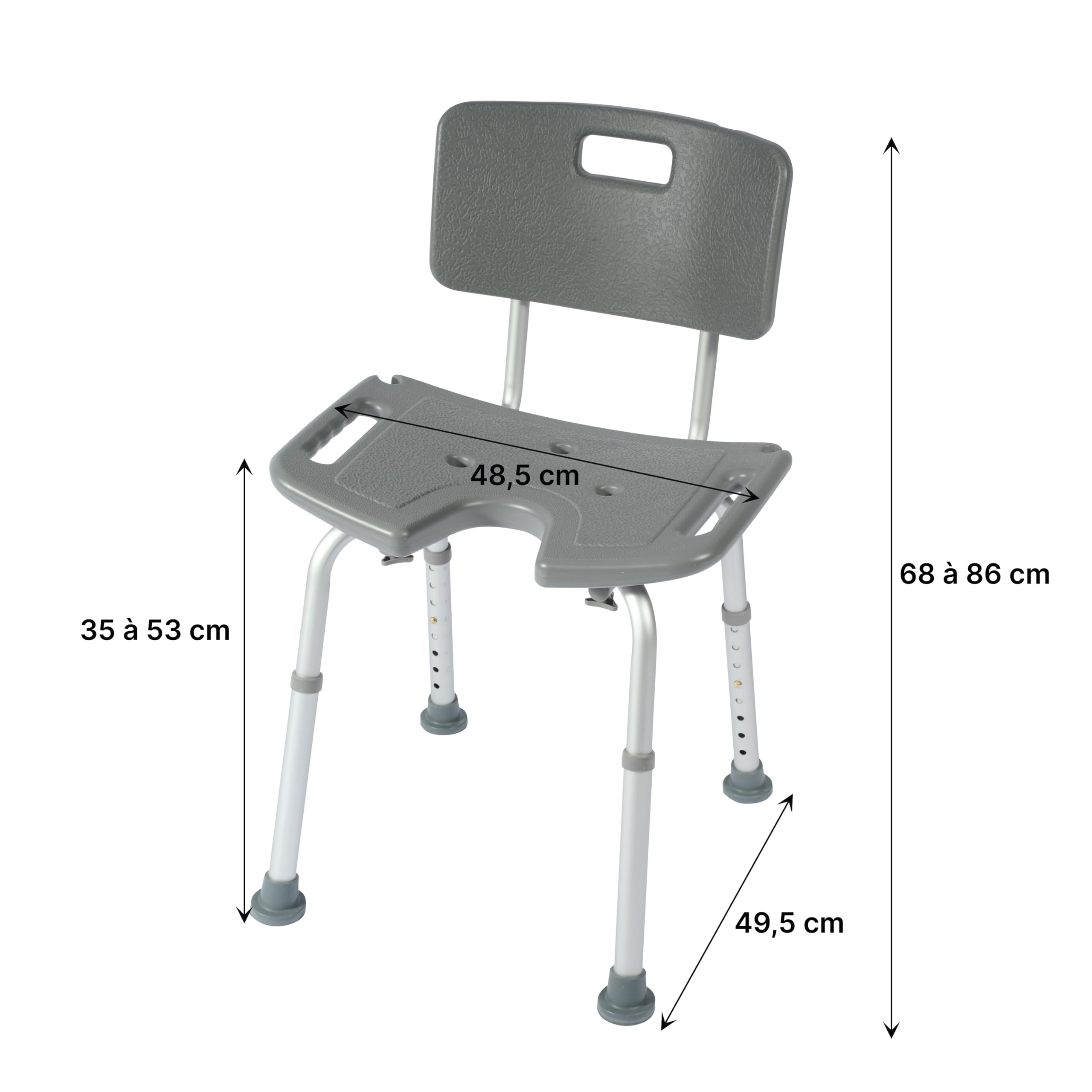 Asiento de ducha para cuarto de baño con asas integradas – Ergonómico – Asiento anatómico – Altura ajustable – Fácil de cuidar – Gris – Silla de ducha curvada New Bora