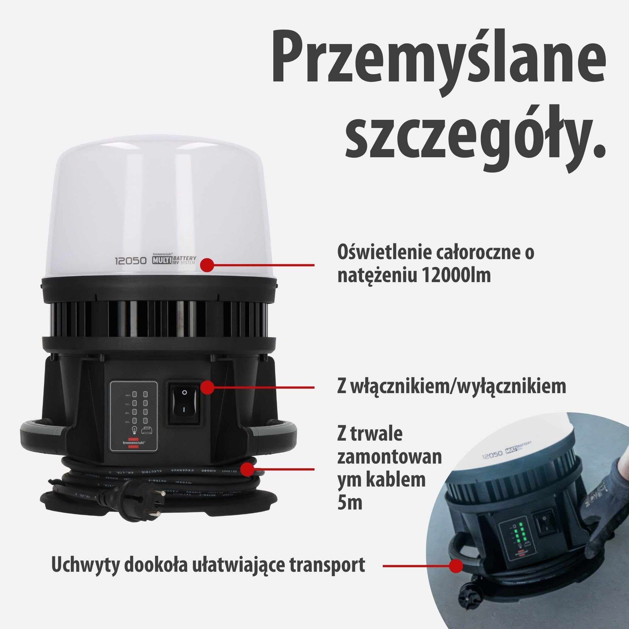 Brennenstuhl Professional Multi Battery LED 360° Hybrid Reflektor budowlany 12050 MH (12000lm, IP54, kompatybilny z akumulatorami 18V od 10 różnych producentów, kabel RN 5m, bez akumulatora)
