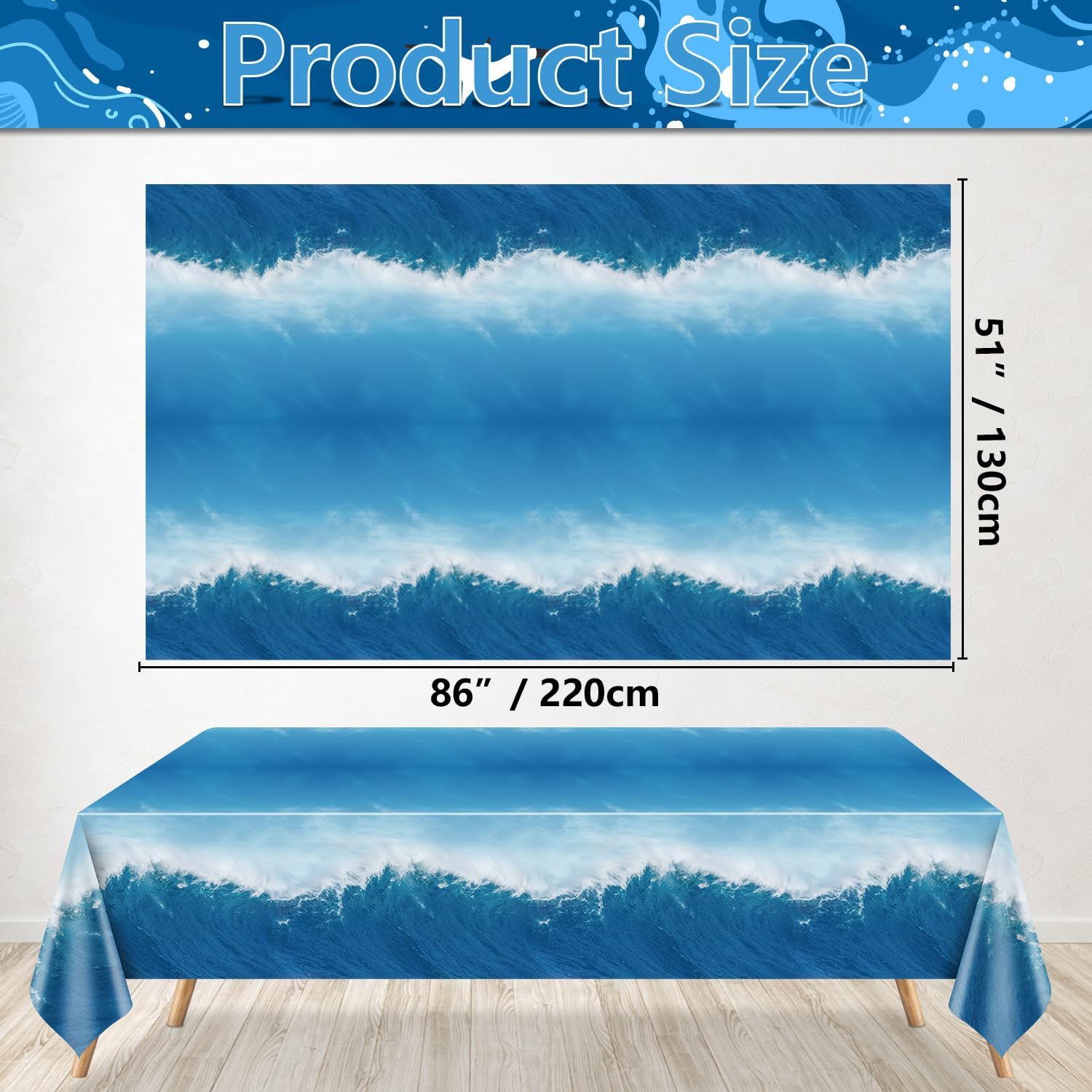 PTECDROTS 4Pcs Ocean Waves Tablecloths Rectangular Water Table Covers Ocean Themed Party Decorations for Beach Pool Mermaid Under The Sea Birthday Party Decorations, 51 x 86 inch