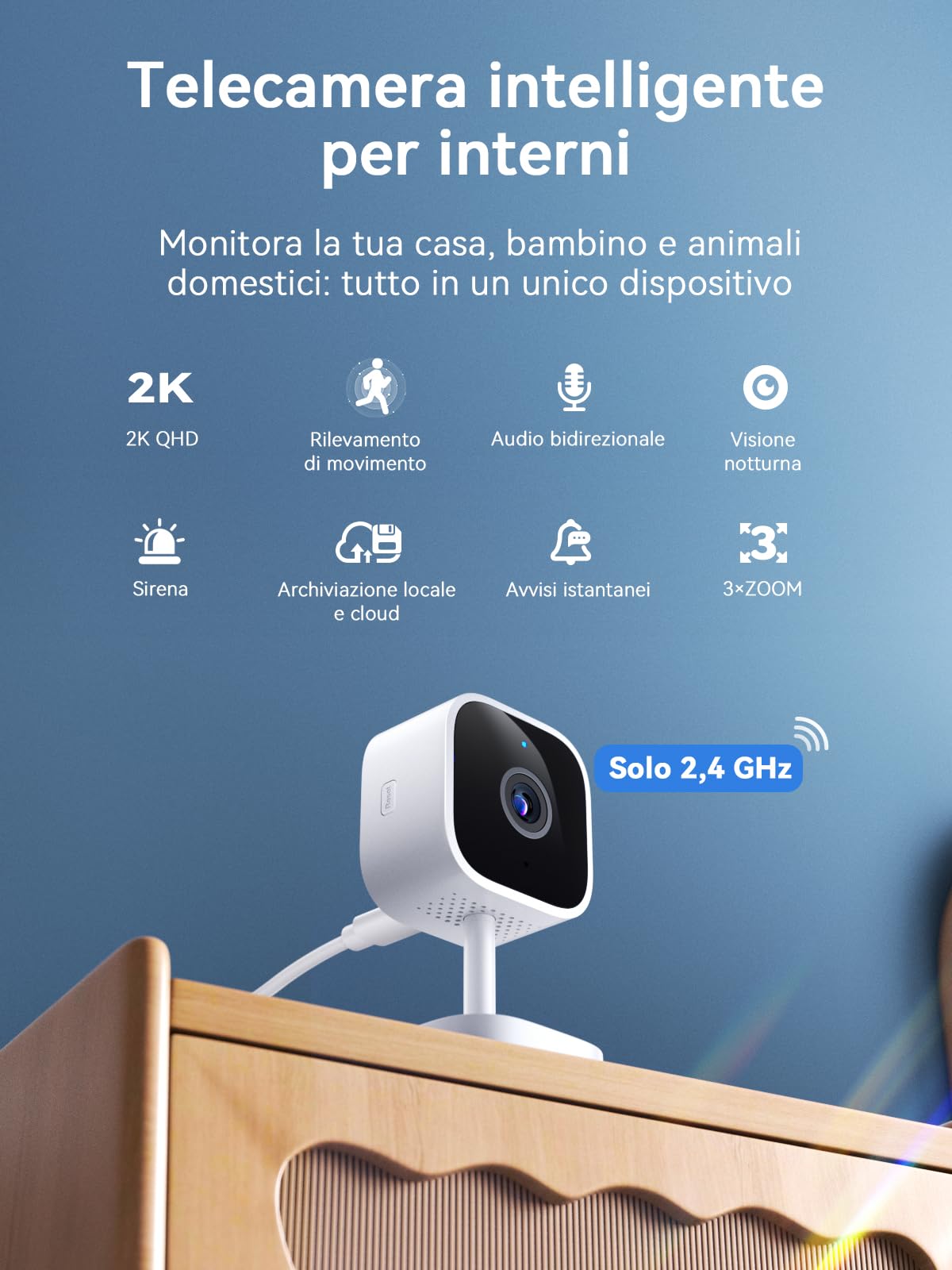 Outinput Telecamera Wi-Fi Interno 2K 3MP, Videocamera Sorveglianza, Baby Monitor, Visione Notturna, Rilevamento di Movimento e Notifiche, Audio Bi-direzionale, Cloud o Archiviazione Locale(Contiene 2)