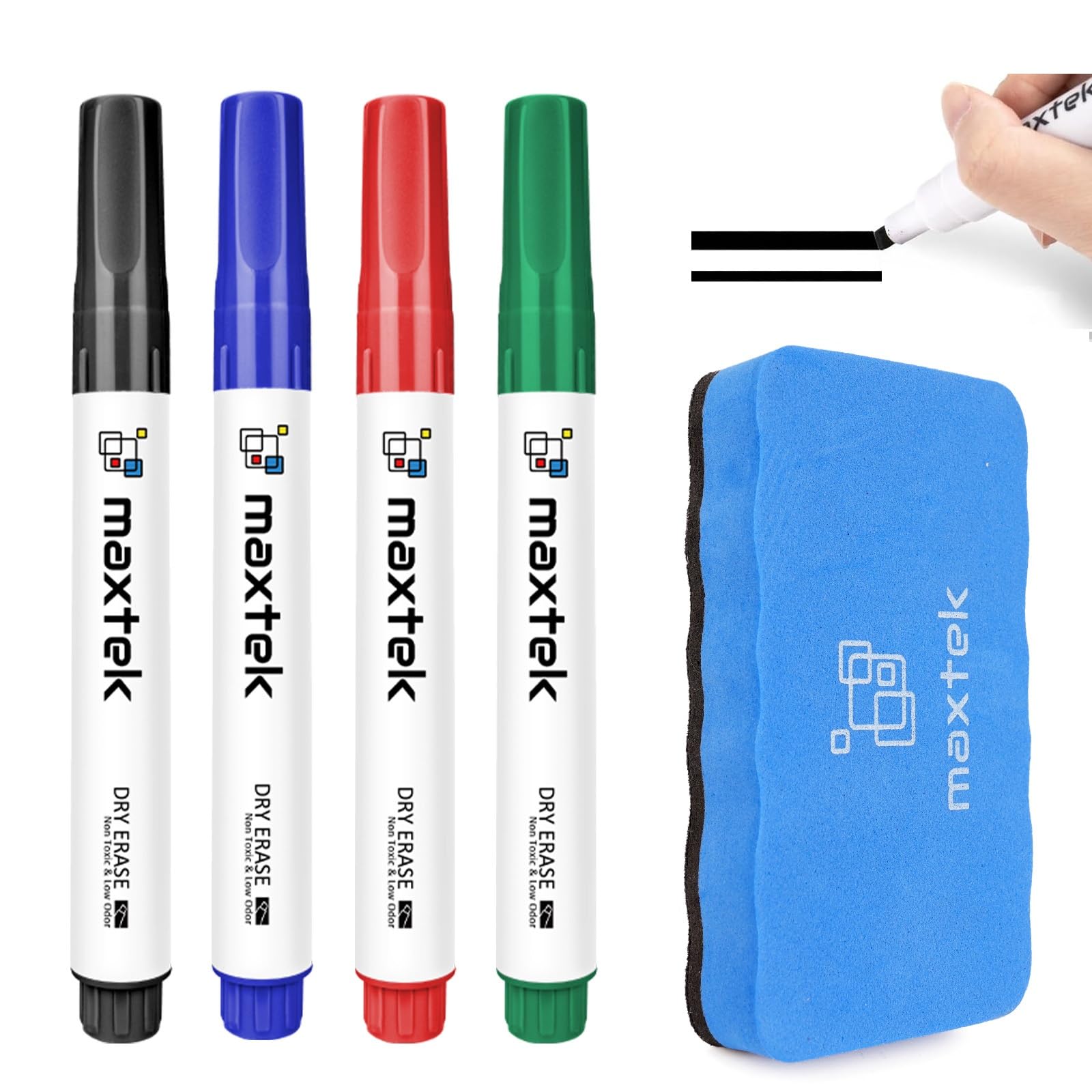maxtek Low Odor Dry Erase Markers Chisel Tip Whiteboard Markers Set 4 Count with 1 Magnetic Eraser