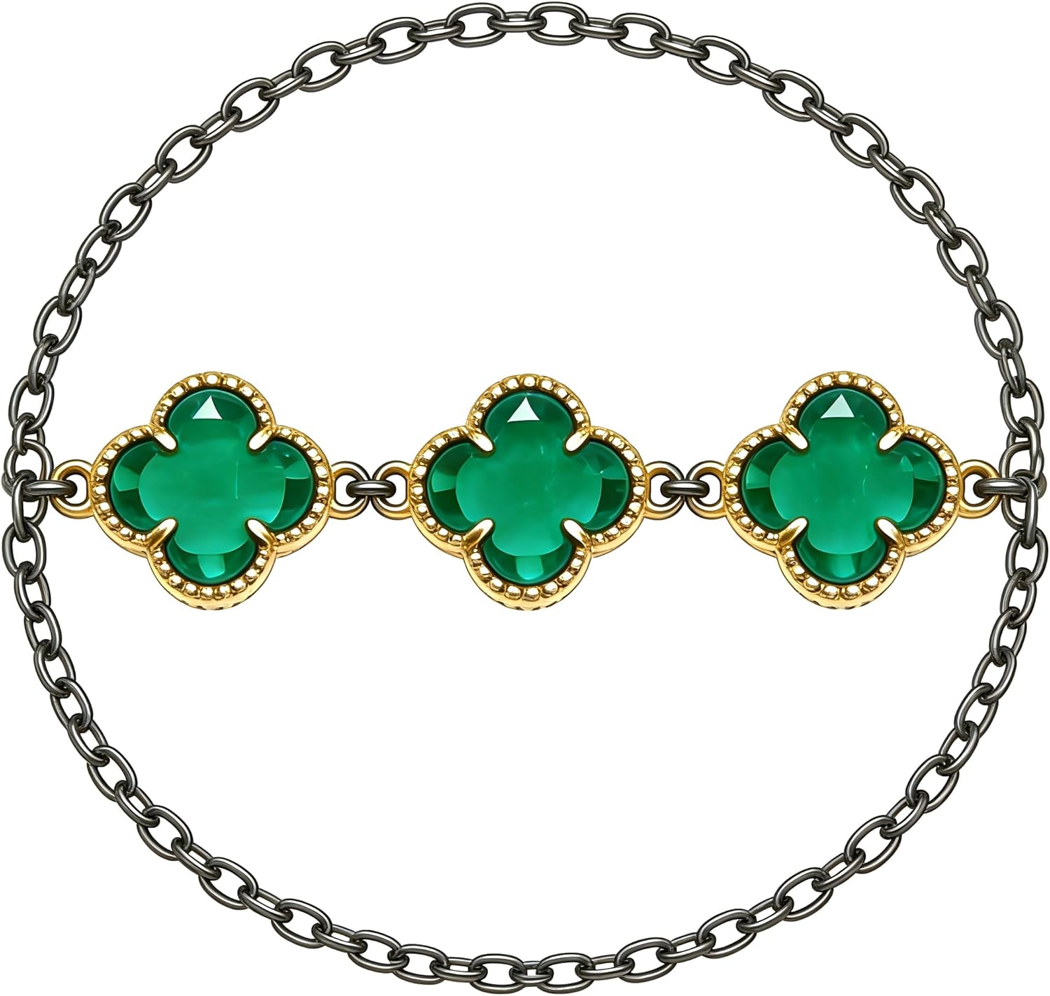 5. Vibrant Emerald Green Crystal Four Leaf Motif Set Against A Golden Base to Serve As A Striking Luggage Tags and Durable Suitcase Accessory SL067