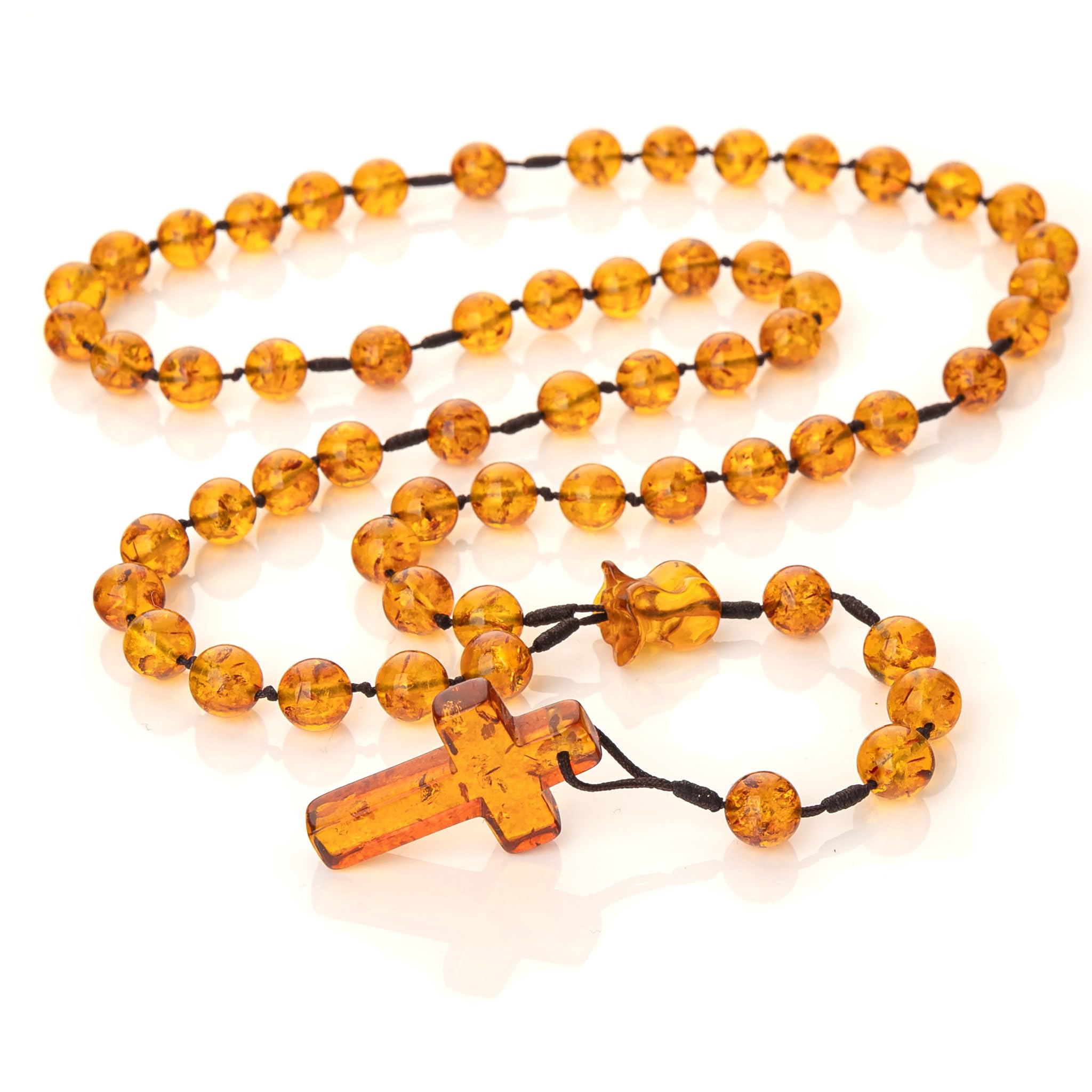 Collar hecho a mano – Rosario de ámbar báltico – Conector en forma de rosa – Regalo ideal para católicos o cristianos.