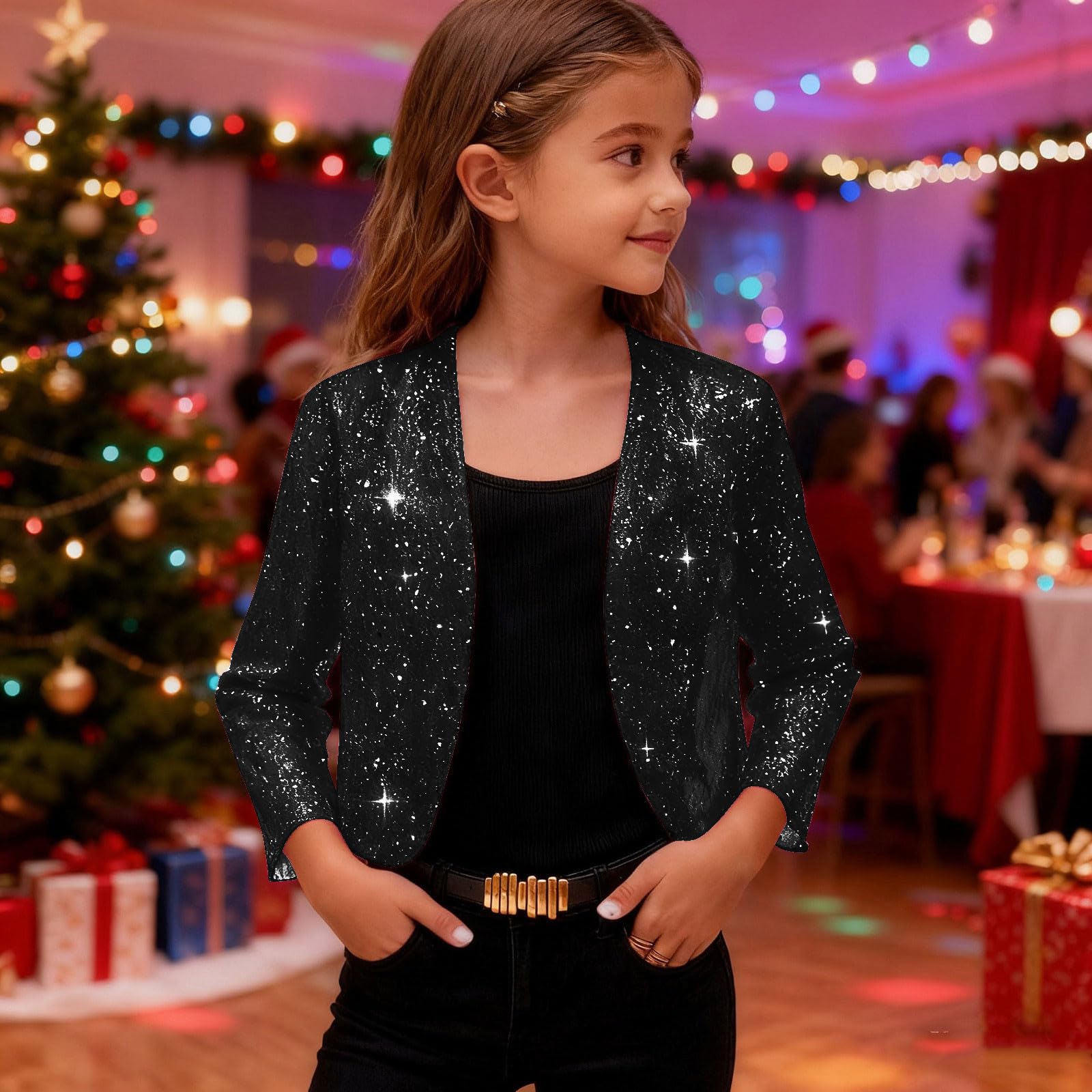 EMATOP Pailletten Blazer Mädchen Elegant Kurz Cardigan Freizeit Leicht Jacke Langarm Glitzer Anzugjacke Festlich Vintage Schulterjacke Lässig Bequem Trenchcoat Mode Sakko Bürojacke 4-14 Jahre