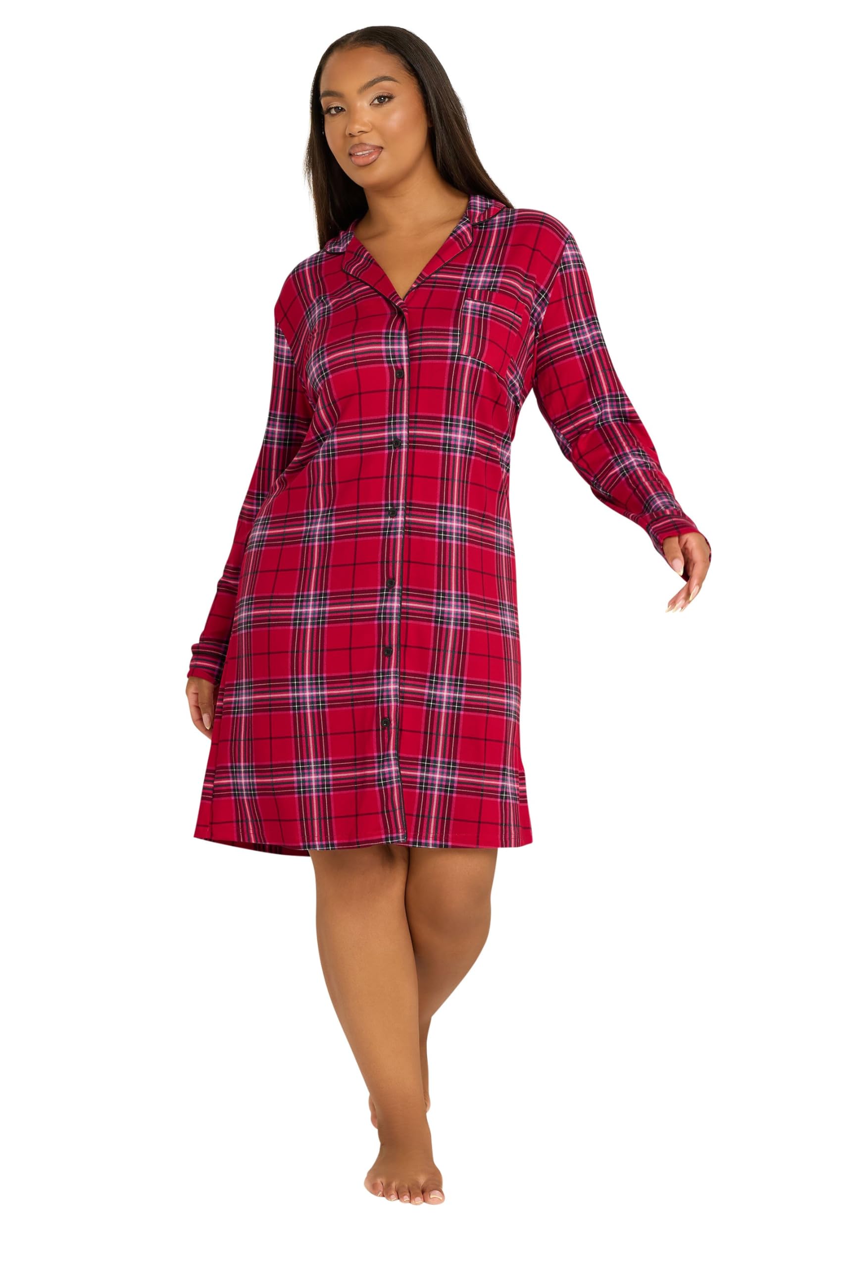 Yours Women's Red Curve Check Button Through Soft Touch Nightdress - Plus Size Curve