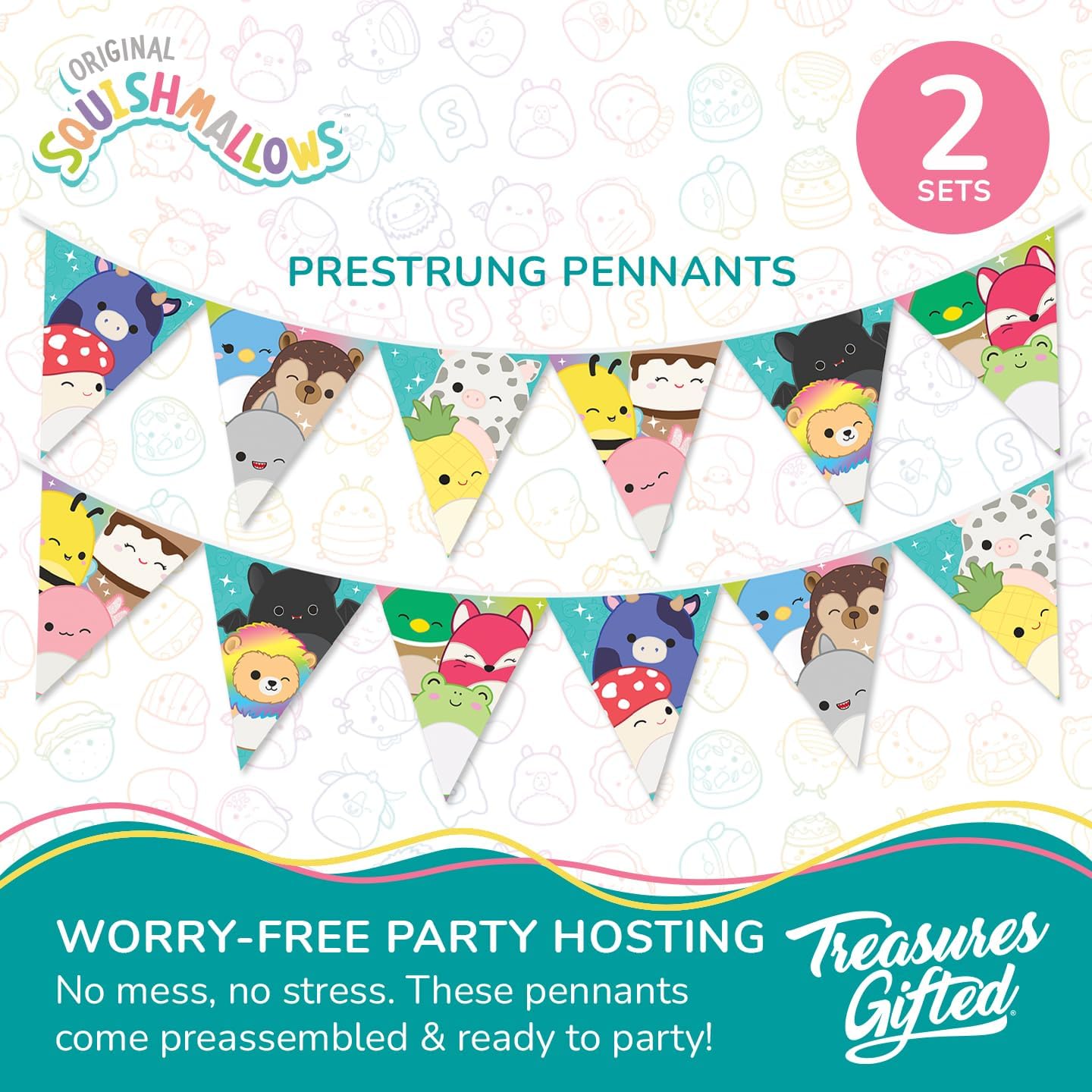 Treasures Gifted Officially Licensed Squishmallows Party Supplies Set of 3 Pre-strung Banners - (1) Birthday Banner & (2) Triangle Pennants - Squishmallows Birthday Decorations