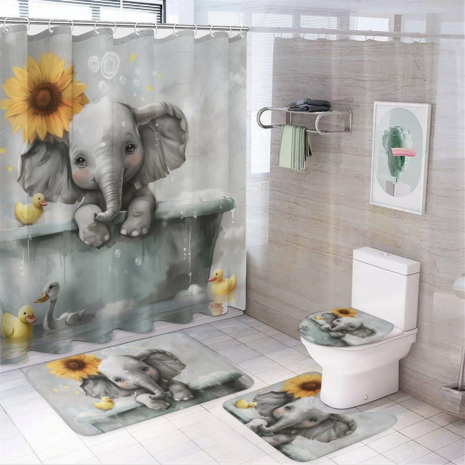HDESDIS 4Pcs Cute Elephant Shower Curtain Set with Rugs, Toilet Lid Cover and Bath Mat, Orange Sunflower Duck Animal Bathroom Curtains Decor Shower