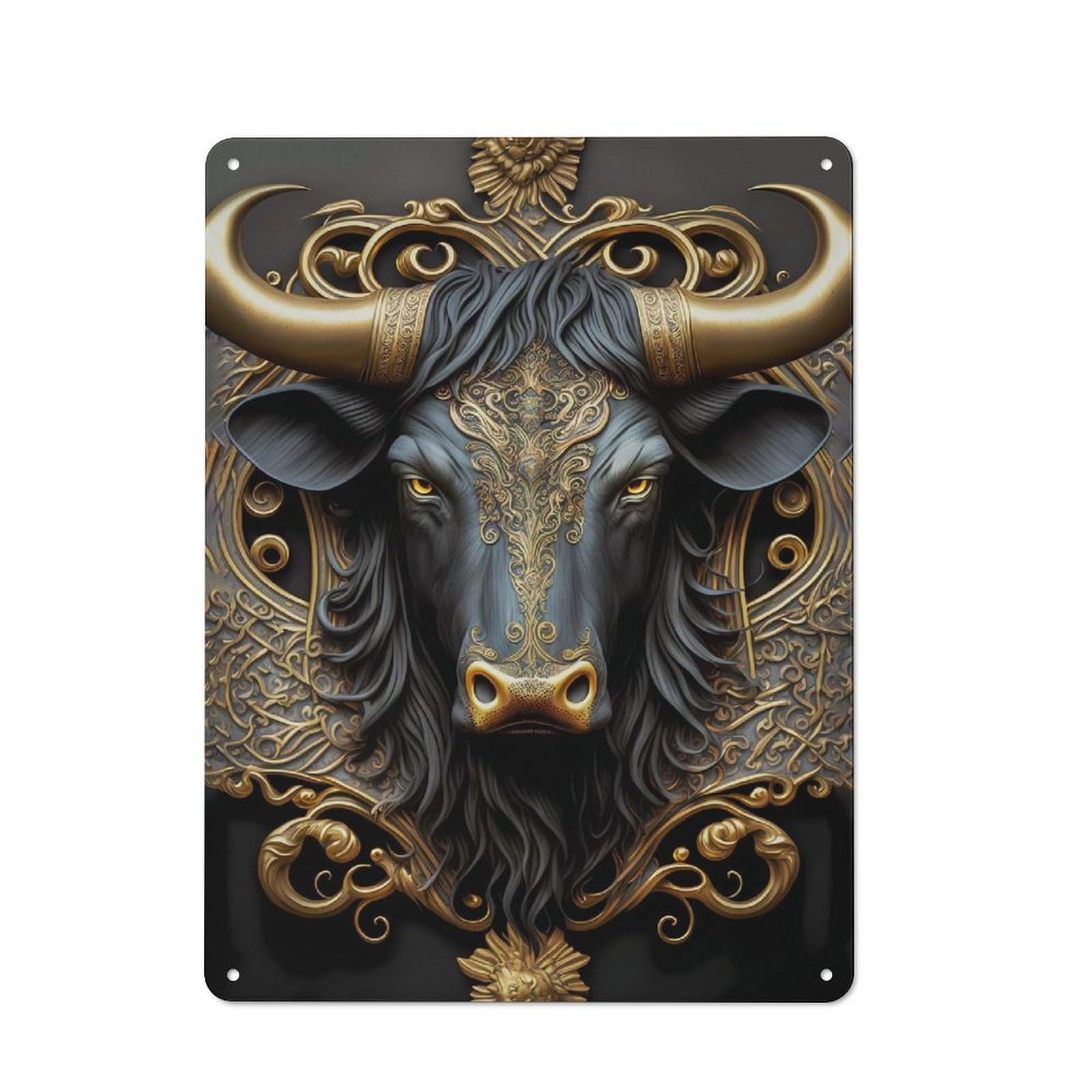 Vintage Tin Wall Sign 40x30cm Featuring Bull Golden Art Deco, Room Wall Plaque for Flat, Dorm Room, Lounge Or Cafe