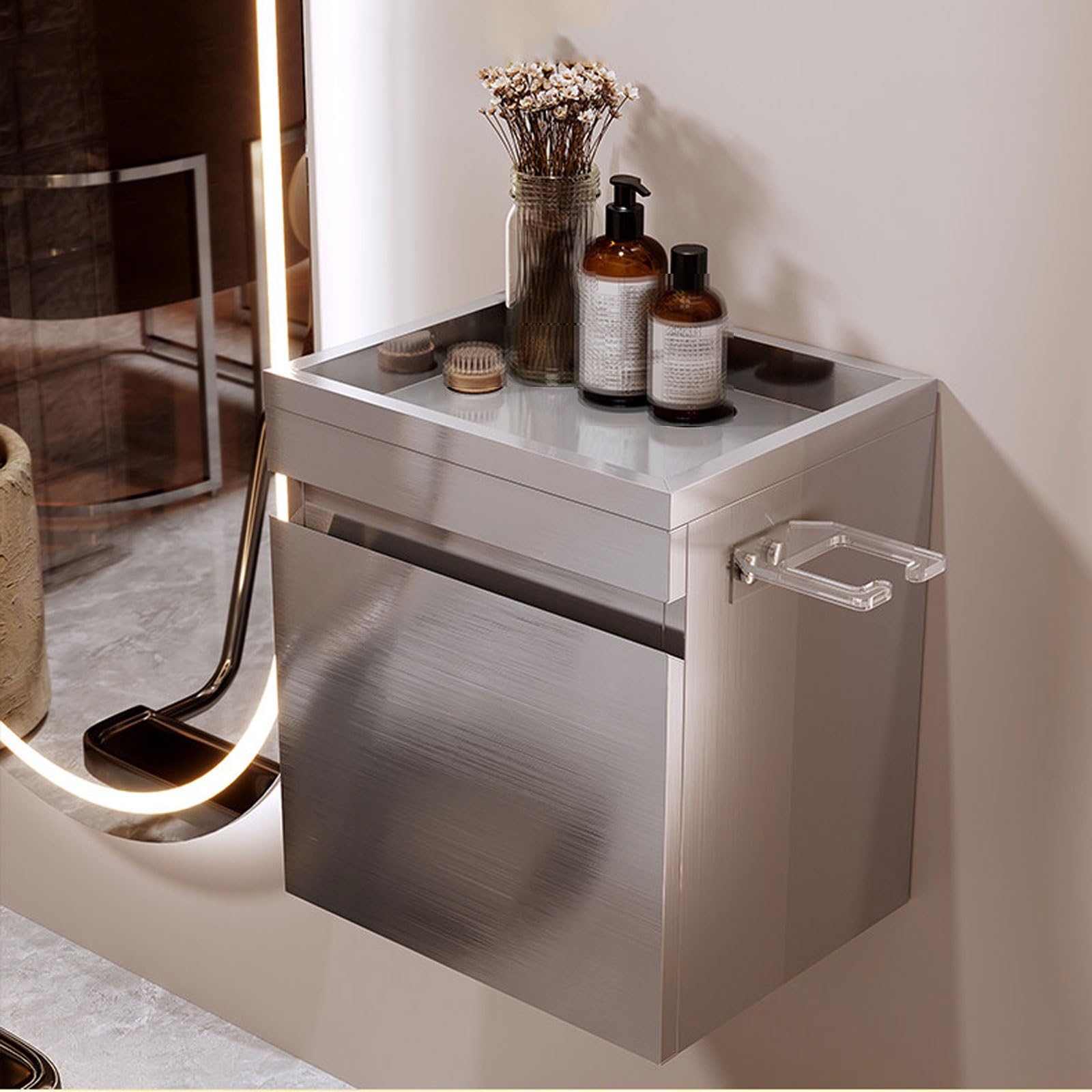 Baúl de herramientas con cajones, armario de pared de acero inoxidable con soporte para secador de pelo, ideal para baño, taller en casa, cocina y garaje