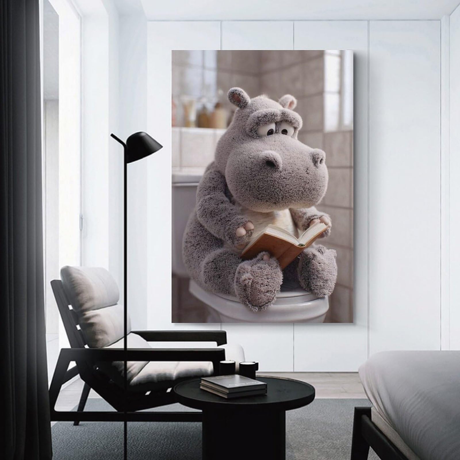 Junmoney Unframe-Style-8 Hippo Reading On Toilet Poster, Picture, Metal Print, Paint By Creed Wall Picture Print, 12X18inch(30X45cm), For Gallery Wall Decor And Room Displays, A Versatile Canvas Print For Layering