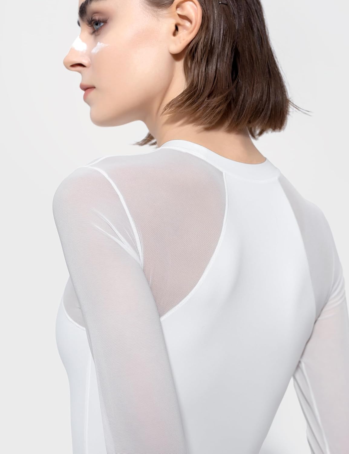 PUMIEY Mesh Long Sleeve Bodysuit for Women Crew Neck Body Suits Sexy Sheer Tops Smoke Cloud Collection - Image 5