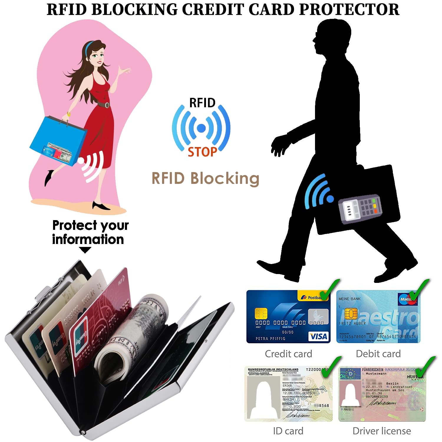 Etui na Karty Kredytowe, Wąski Portfel z Blokadą RFID, Modny Design i Artystyczne Wzory, Metalowy Portfel na Karty Kredytowe, dla Mężczyzn i Kobiet. (6 Kart/Srebra/K)