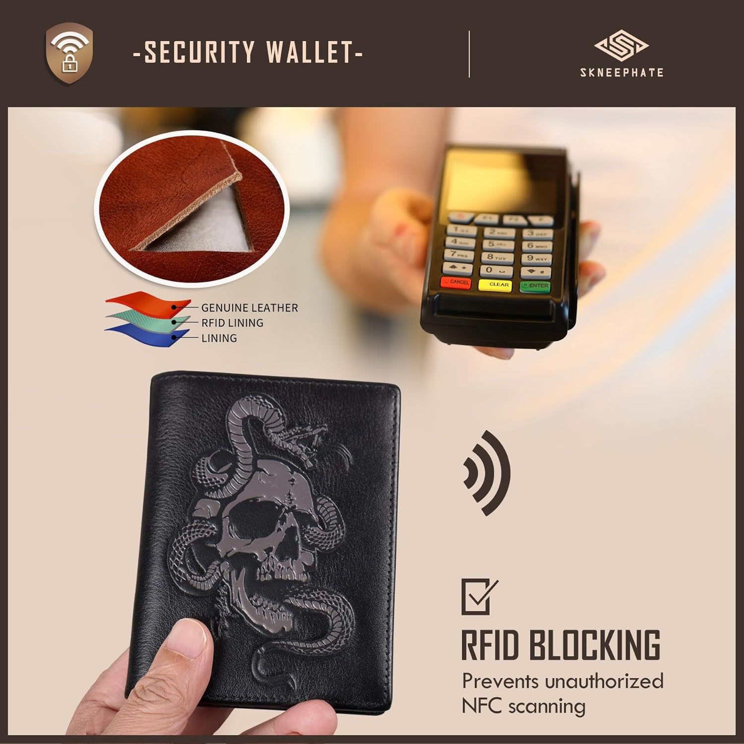 Cool Wallets For Men Bifold,Skull Mens Wallet Leather Vertical,RFID Blocking,Gifts for Him Husband and Boyfriend (Coffee) - Image 6