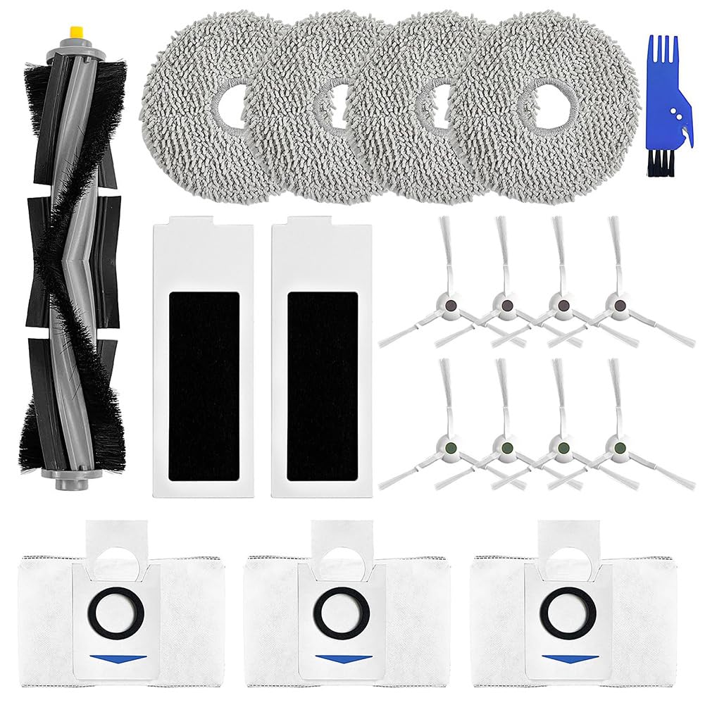Donkivvy 19 Pcs Replacement Accessories Kit for Ecovacs Deebot T20 Omni Robot Vacuum Cleaners, 1 Main Roller Brush, 8 Side Brushes, 2 Filters, 4 Mop Cloths, 3 Dust Bags