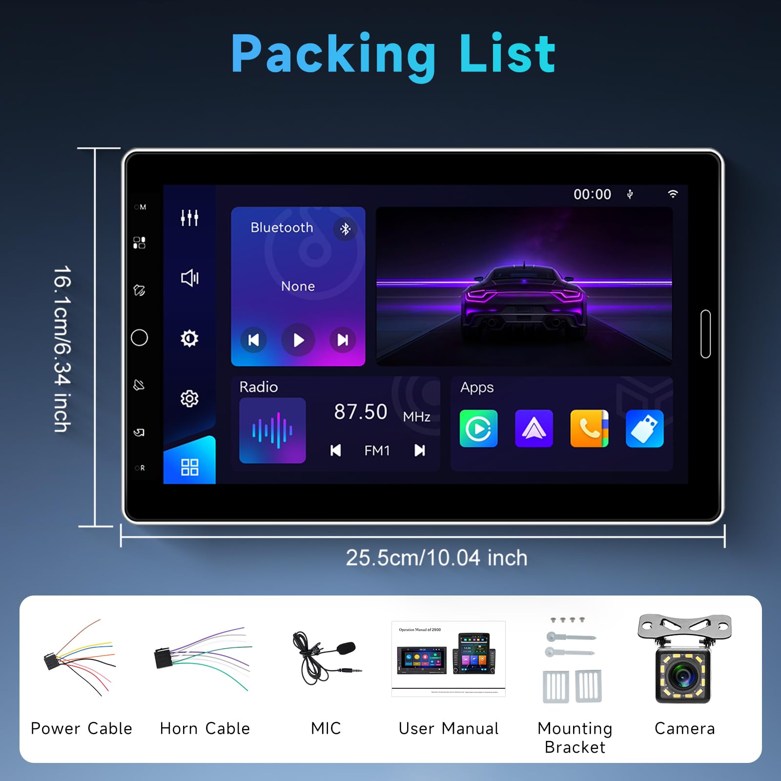 Hodozzy Autoradio 1 Din Schermo con Carplay Android Auto, Radio 10,1 Pollici Touch Screen Flessibile 1 Din Stereo con Bluetooth AM/FM/RDS, Mirror Link EQ, 2USB/AUX, Supporto Video Online + Telecamera