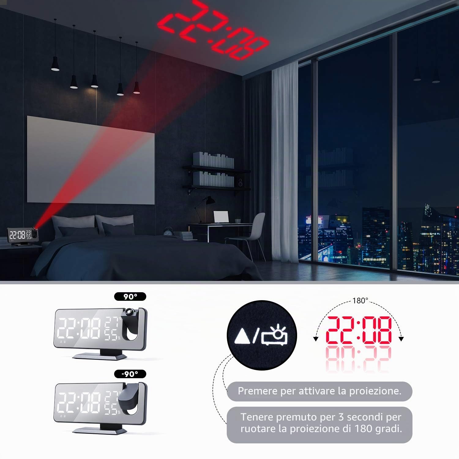 ThreeH Sveglia a Proiezione per Camera da Letto Ampio Display a Specchio LED 7,4'' con Ricarica USB Ruotabile 180° Nero-Bianco