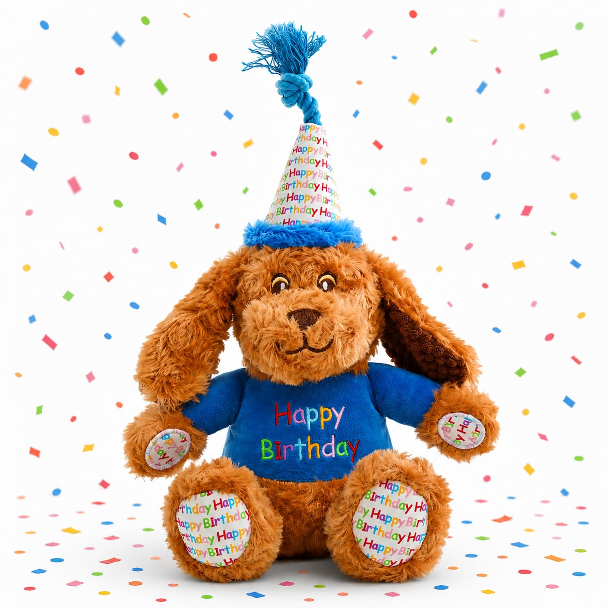 Pet London Dog Birthday Toy, Happy Birthday Plush Dog Toy with Squeaker, Cute Puppy Bday Gift with Rope Tug, Soft Squeaky Dog Toy for Small Medium Dogs, Party Toy
