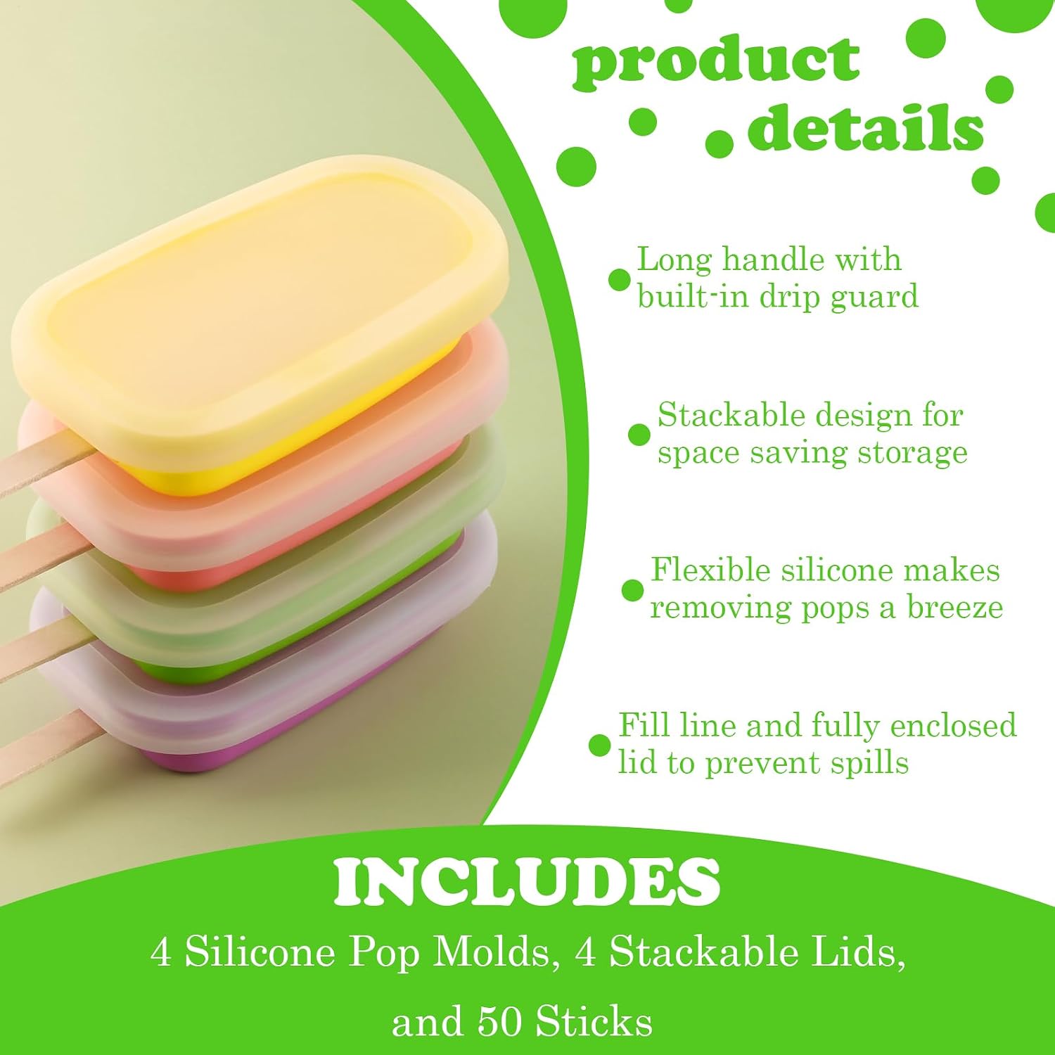 WMKGG Stackable Silicone Popsicle Molds with Lids, 4 PCS Ice Cream Molds