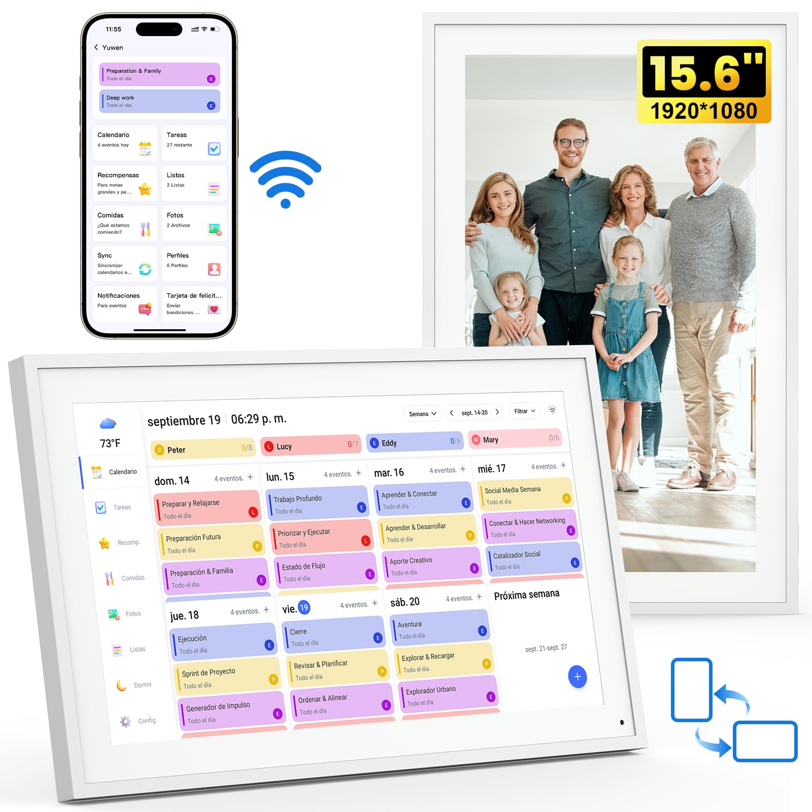 Planificador familiar digital de 15,6 pulgadas, pantalla táctil Full HD, con calendario de pared, marco de fotos (1920 x 1080), reloj, planificador, planificador de comidas para familia y personas