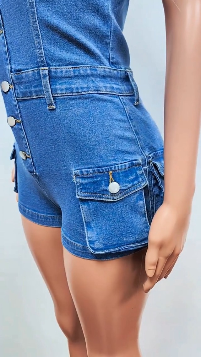 Molilove Women's Vintage Denim Jumpsuit - Shorts, Long Sleeve, Button-Down Romper With Pockets | Stretchy & Comfy