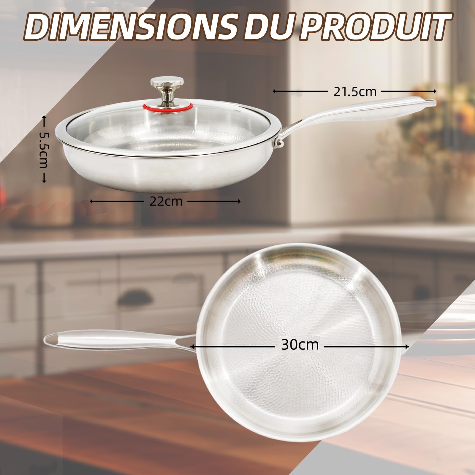 Poêle à frire sans revêtement en titane martelé - Effet antiadhésif naturel avec couvercle en verre et spatule, convient pour plaques à induction et feu ouvert, idéale pour la cuisine et le