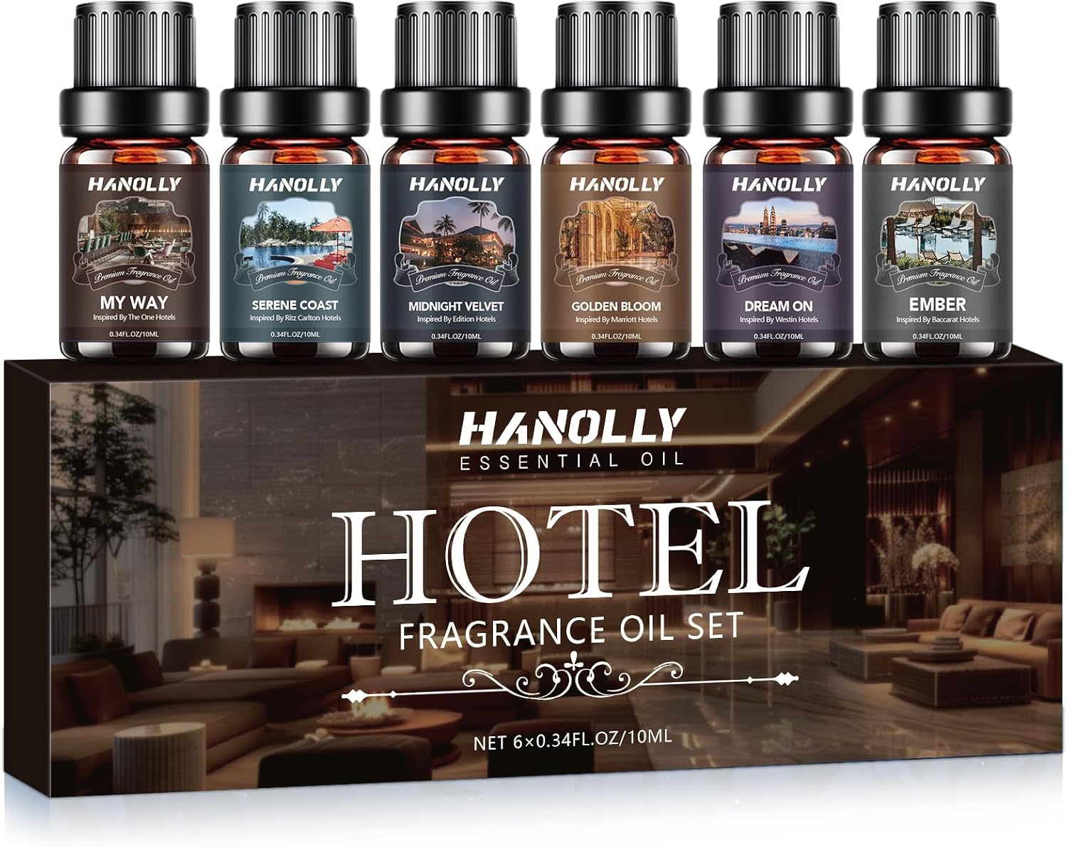 Hotel Diffuser Oils Gift Set – 6x10ML Luxury Hotel Scent Essential Oils Set for Diffuser, Candle Making – Premium Fragrance Oil, My Way, Ember, Dream On, Serene Coast, Midnight Velvet, Golden Bloom Hotel Diffuser Oils Gift Set – 6x10ML Luxury Hotel Scent Essential Oils Set for Diffuser, Candle Making – Premium Fragrance Oil, My Way, Ember, Dream On, Serene Coast, Midnight Velvet, Golden Bloom
