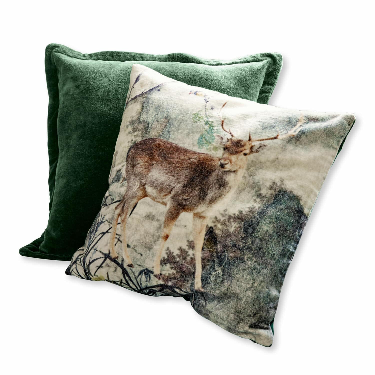 Loberon Kissenhülle 2er Set Anie - grün, grün | Hirschdruck/unifarben - weicher Samt - Chalet-Chic - weihnachtliche Textilien - Weihnachtsdeko - Weihnachten