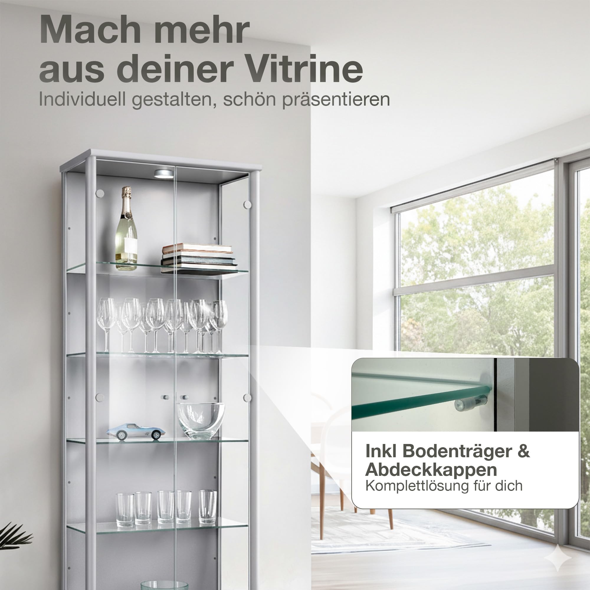4er Set Glaseinlegeboden 625x236x4mm in Transparent inkl Bodenträger 5mm und Abdeckkappen - Made in Germany - Einlegeboden für 2 türige Standvitrinen - Regalboden Erweiterung aus ESG