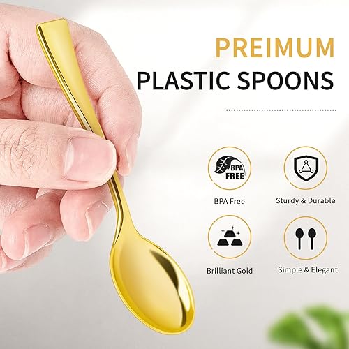 Miniatura 3 de Qeirudu Mini cucharas de plástico dorado de 4 pulgadas, paquete de 100 cucharas desechables de degustación, cucharas de postre pequeñas resistentes