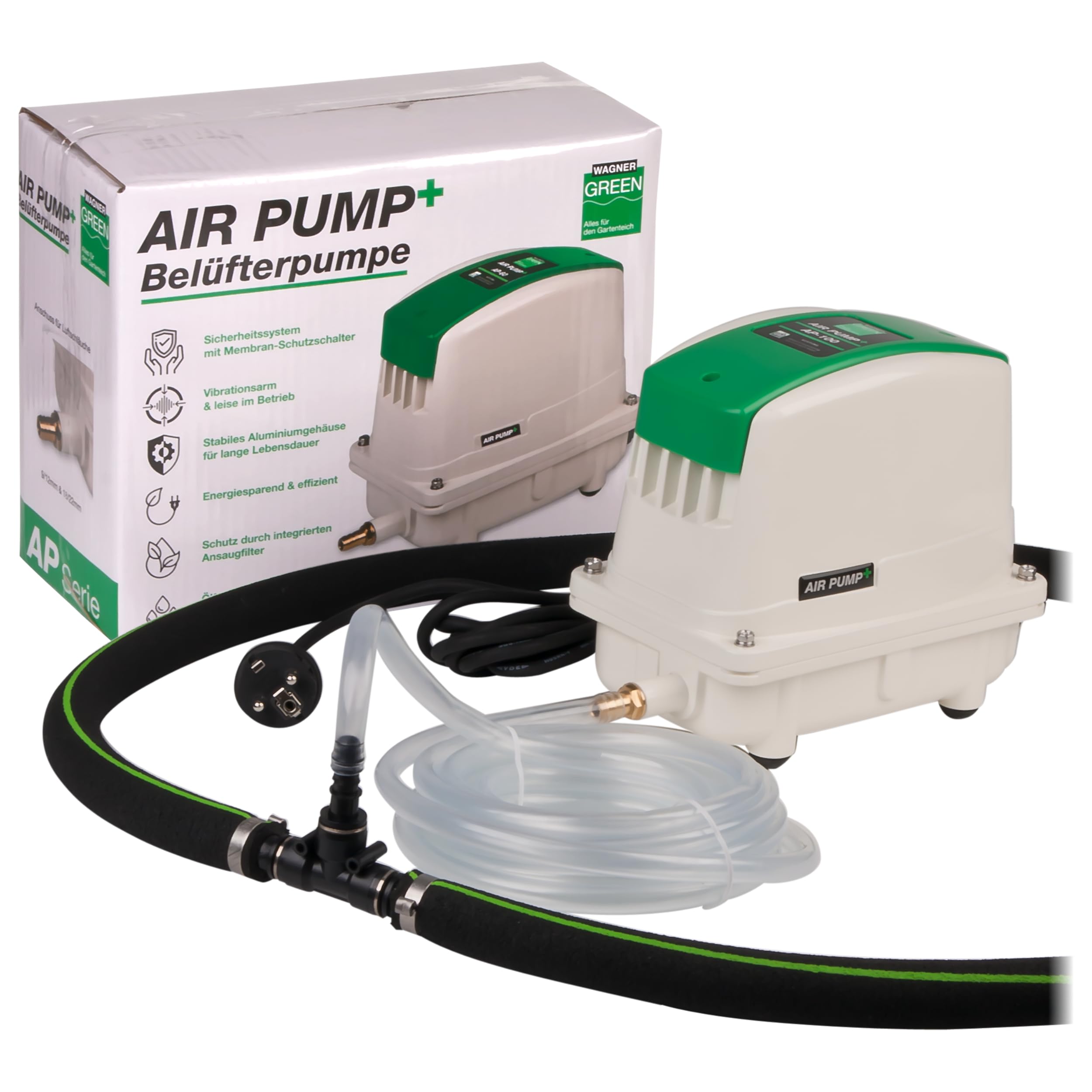 Teichbelüfter-Set AP-60 Luftpumpe mit Japan Belüfterring Ø 35 cm Sauerstoffpumpe für Ihrem Koiteich. Eine Profi Luftpumpe als Eisfreihalter im Winter zu verwenden