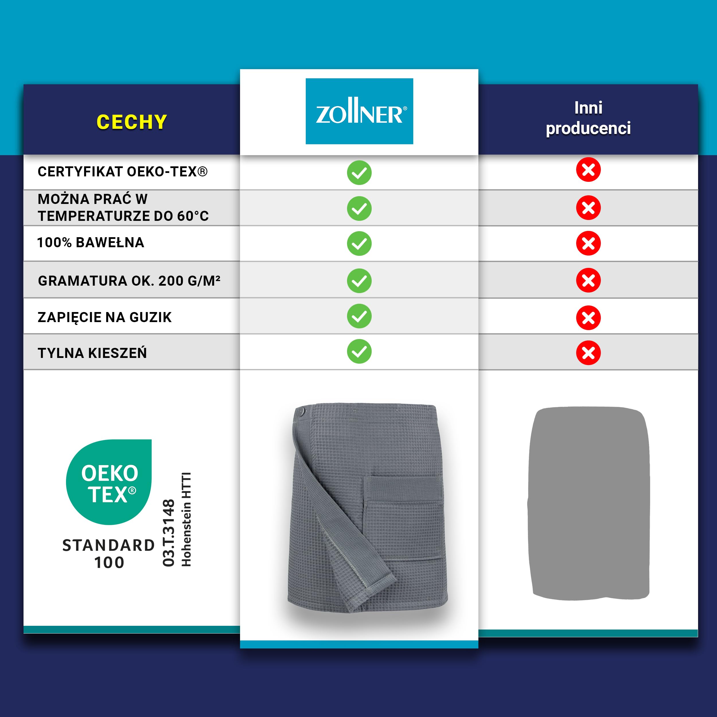 ZOLLNER Męski kilt do sauny marki z tkaniny typu waffel-pique – szary – rozmiar uniwersalny – bawełna – można prać w temperaturze do 60°C – certyfikat Oeko-Tex®, 338