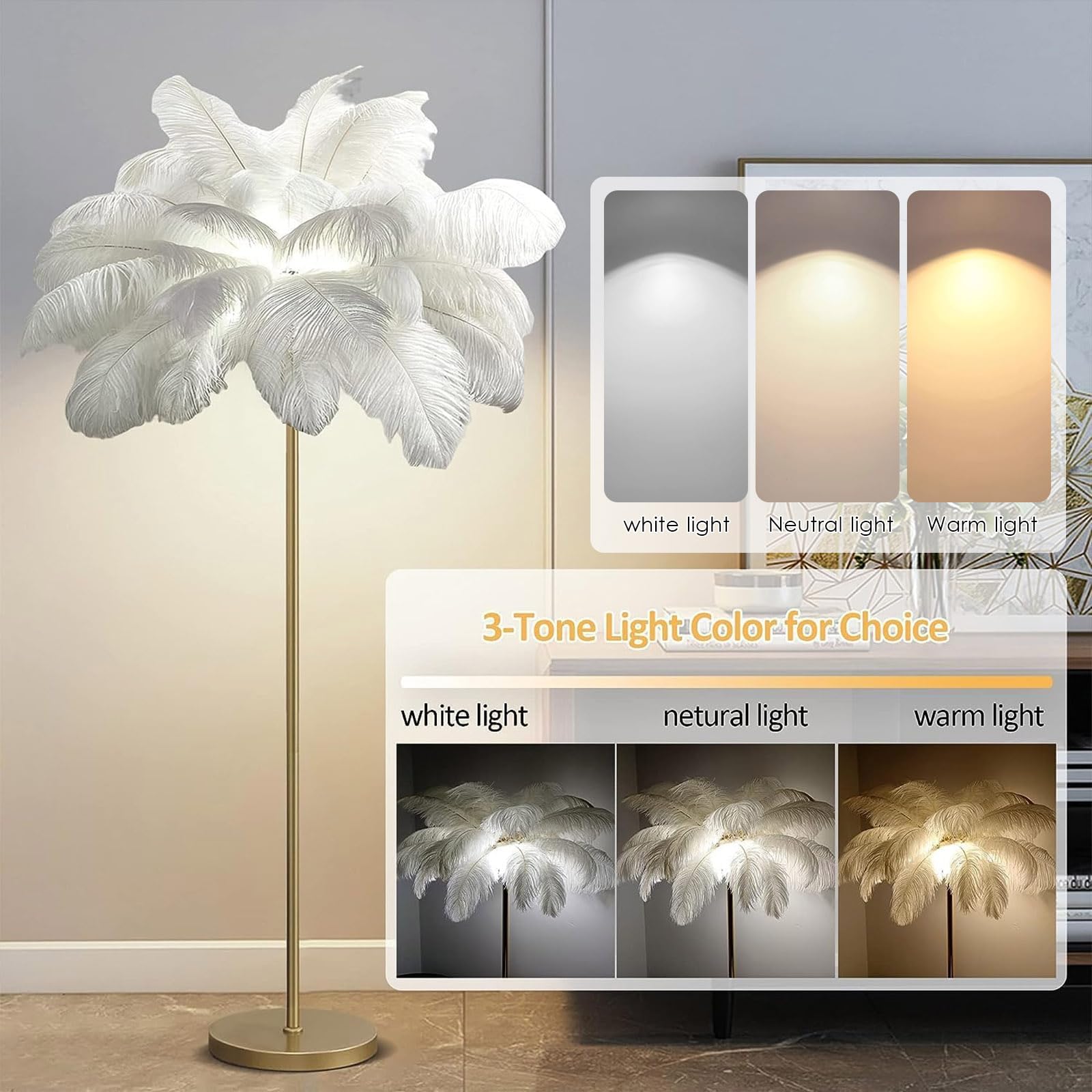 Veer vloerlamp, struisvogelveren staande lamp voor woonkamer, 1,6 m Veer vloerlamp, struisvogelveren staande lamp voor woonkamer, 1,6 m